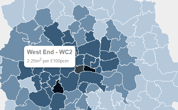 map of london postcodes by area available per £100 in monthly rent