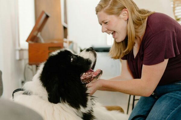 a blonde woman playing with her pet dog at home